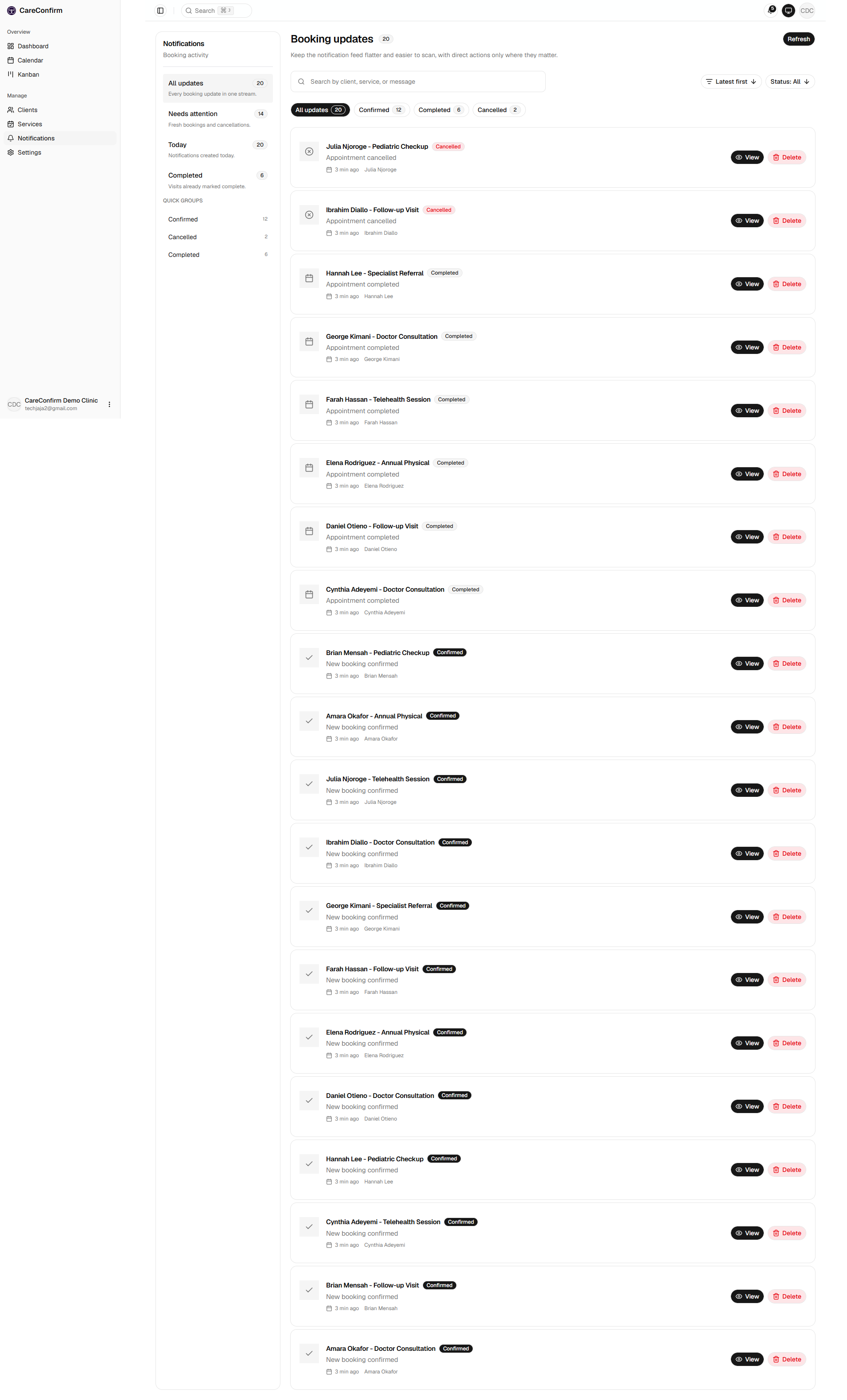 Booking updates notification feed