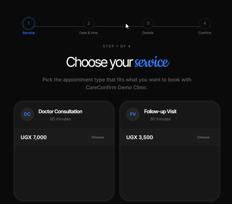 Patient booking service selection