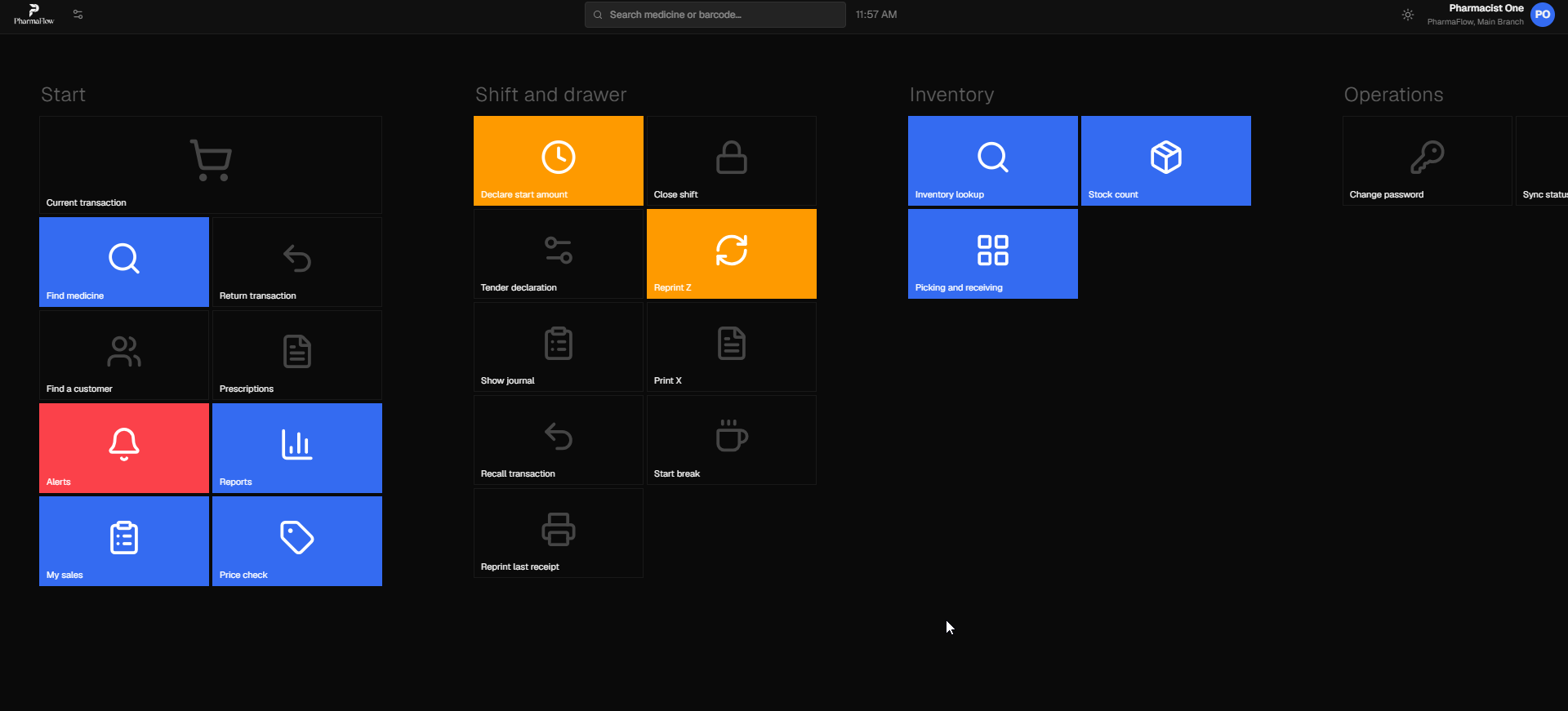 Register home with daily sales and shift controls